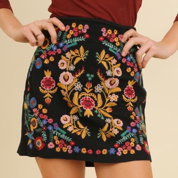 Umgee Dresses & Skirts - Floral Embroidered High Waisted Mini Skirt